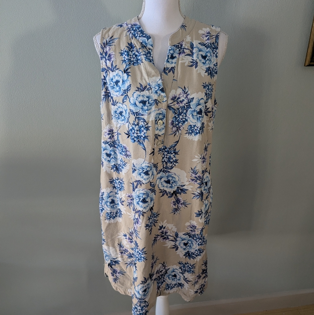 JH Sleeveless Dress Size 14 Tan Blue Floral Rayon Linen Button V-Neck 163C